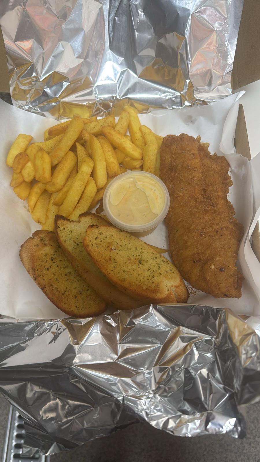 Fish and chips with garlic bread at King Kebabish Drogheda
